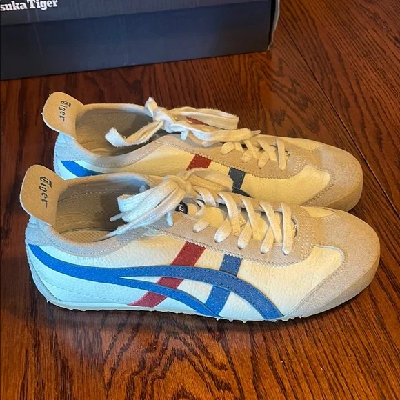 Onitsuka Tiger by Asics White and Blue and Red Sneakers Classic Design - Picture 5 of 6